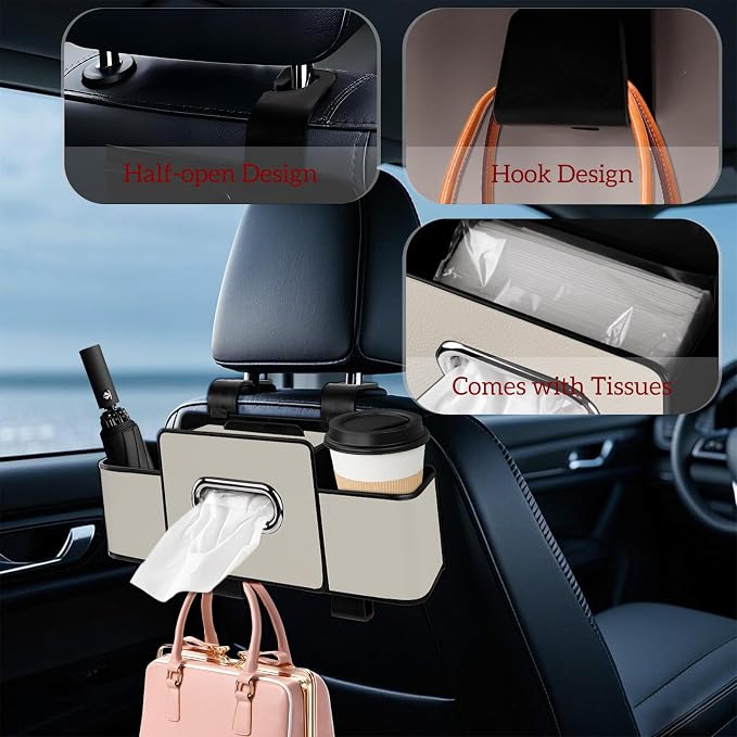 Car Back Seat Organizer with Tissue, Car Seat Back Tissue Box and Storage Hook, Multifunctional Car Organizer for Hold Phone,Drinks,Handbag,Compatible with Most Vehicles (Beige)