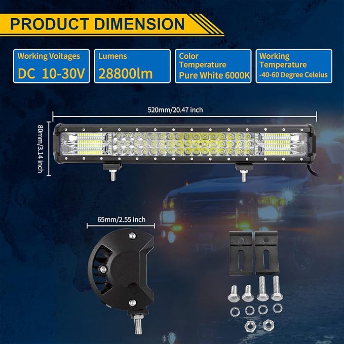 Willpower 20 inch 288W Triple Row Flood Spot Beam Led Light Bar Off Road Driving Lights for Vehicle Jeep SUV Truck ATVs Boat,DC 12V 24V Waterproof(20 inch)