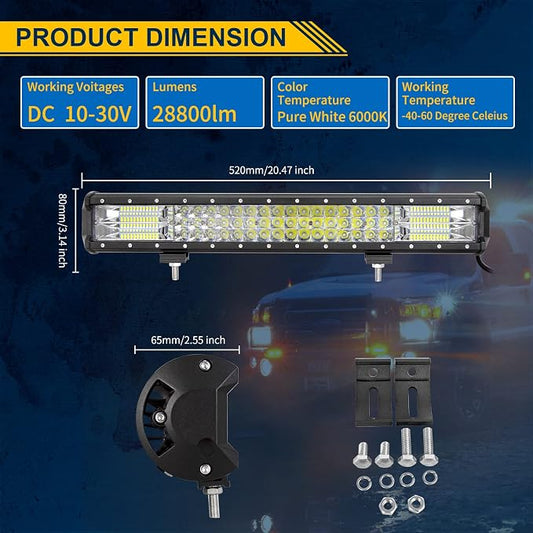 Willpower 20 inch 288W Triple Row Flood Spot Beam Led Light Bar Off Road Driving Lights for Vehicle Jeep SUV Truck ATVs Boat,DC 12V 24V Waterproof(20 inch)