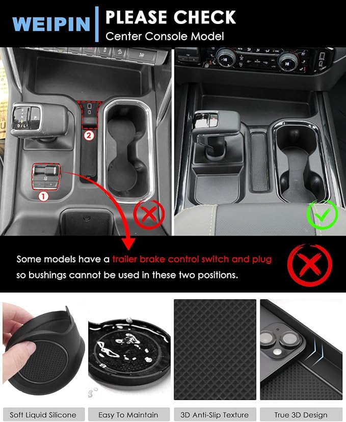 for 6PCS Refreshed Models 2022-2026 Silverado/Sierra 1500 & 2024-2026 Sierra 2500 3500 Console Liners-[3D High-Edge Liquid Silicone] Cup Holder Mats,Full Console w/Bucket Seats ONLY - Black