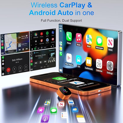 2-in-1 Wireless CarPlay for iPhone & Android Auto, Converts Wired to Wireless CarPlay, 2026 Upgrade, Faster & Stable Connection, Plug & Play, 1080P HD Display,Mini Size, Orange，USB-A & Type-C Port