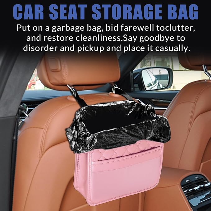 Car Seat Organizer Backseat with Storage Pockets, PU Leather Vehicle Backseat Hanging Storage Pocket, Multipurpose Automotive Travel Essentials Accessories, Universal for Most Cars (Pink)