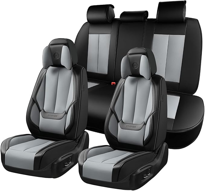 Coverado Seat Covers Full Set, 5 Seats Seat Covers for Cars, Waterproof Nappa Leather Car Seat Covers with Head Pillow, Seat Protectors Car Seat Cushion Universal Fit for Most Cars (Black&Gray)