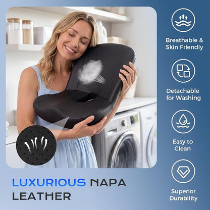 Coverado Car Seat Cushion and Lumbar Support Pillow One Piece, Napa Leather Memory Foam Ergonomic Back Support Driving Seat Cushion for Back Pain, Non-Slip Washable Cushion for Car, Driver, Office