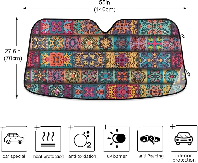 Boho Ethnic Car Windshield Sun Shade Bohemian Stripes Colorful Mandala Flower Foldable UV Ray Sun Visor Protector Sunshade to Keep Your Vehicle Cool (55" x 27.6")