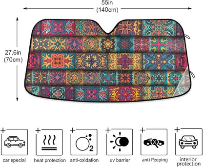 Boho Ethnic Car Windshield Sun Shade Bohemian Stripes Colorful Mandala Flower Foldable UV Ray Sun Visor Protector Sunshade to Keep Your Vehicle Cool (55" x 27.6")