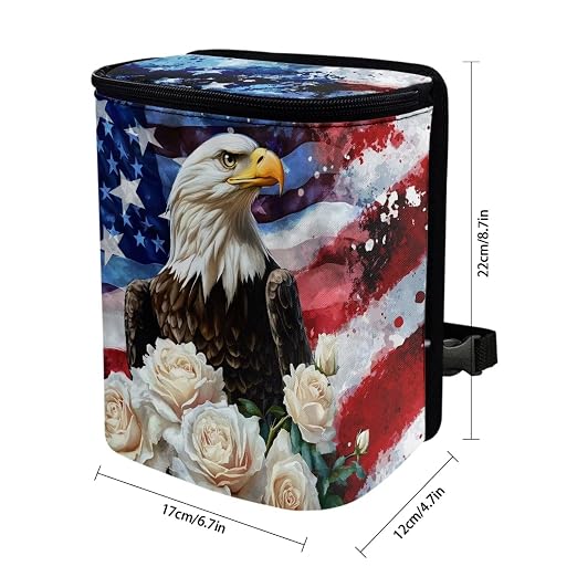 Talayituse Eagle Rose American Flag Print Car Trash Can Portable Auto Garbage Bin Paint Splatter Multifunctional Vehicle Interior Accessories with Adjustable Straps Universal Fit Truck SUV Sedan