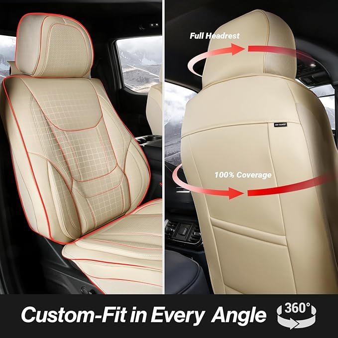 Coverland Custom SUV Car Seat Covers Full Set for [2024-2026 GMC Hummer EV SUV] - Protector Car Seat Cover Water Resistant Leather Memory Form Back Support Seat Cushion [Full Set-Beige]