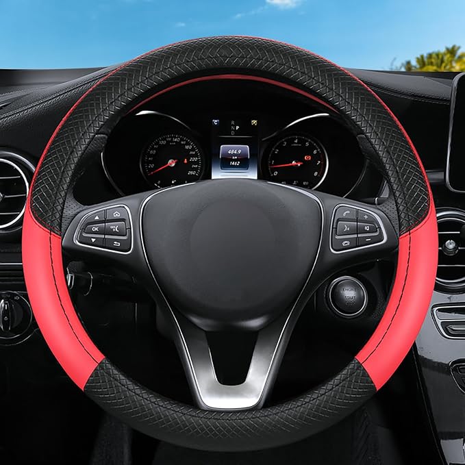Leather Patchwork Black Red Steering Wheel Cover, 14.5-15 Inch Non-Slip Breathable Microfiber Car Steering Wheel Protector