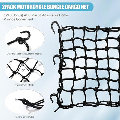 2 Pack 15"X15" Motorcycle Cargo Net Stretches to 30"x30", 2"x2" Tight Mesh,Total 20 Hooks, Cargo Nets for Motorcycle Luggage Bike Basket, Luggage Rack ATV Rack Snowmobile Cargo Helmet Net