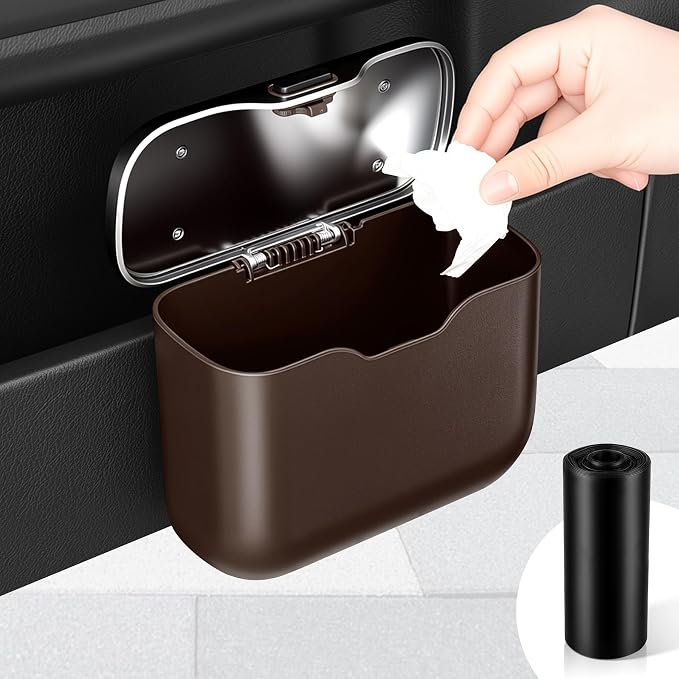 UYYE Car Trash Can, Car Garbage Bin with Lid & Handle - Leak-Proof Mini Trash Can for Car, Truck, SUV - Essential Car Accessories for Organization (Brown)