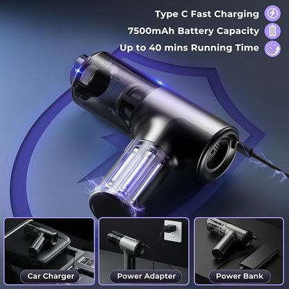 20000Pa Cordless Car Vacuum, 80,000 RPM Brushless Motor Handheld Vacuum with 7-in-1 Air Duster Blower, Portable Type-C Rechargeable Cleaning Kit for Pet Hair, Home & Office, Grey