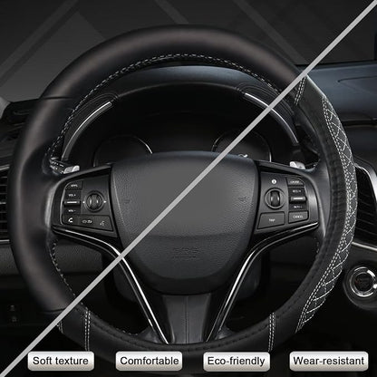 West Llama Customized Auto Car Steering Wheel Cover for Honda Civic, CR-Z, Insight, S2000, 14" - 14.25" (Diamond Quilted-Black+Gray-Small Size)