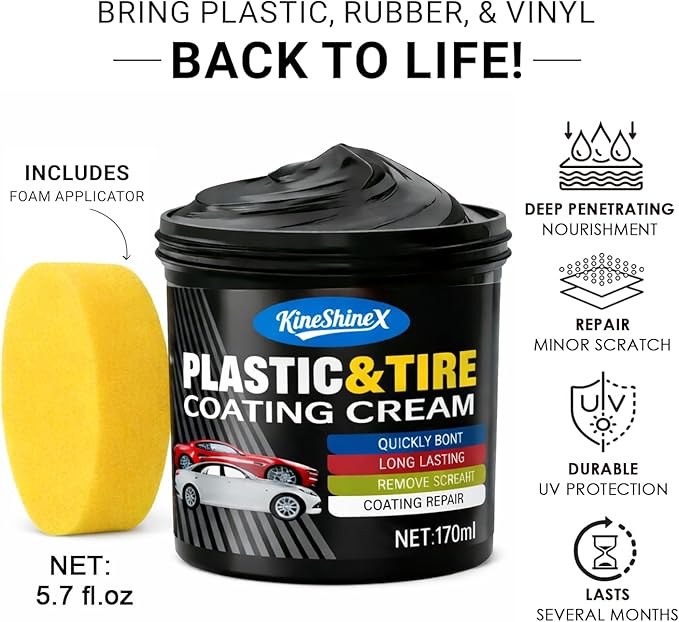 Black Trim Restorer, Plastic Restorer for Cars - Restore Faded Bumpers, Plastic, Trim, Vinyl & Rubber - Car Detailing Kit Tire Shine Applicator Shiny Stuff for Jeep, Truck Car Accessories - 6oz Paste