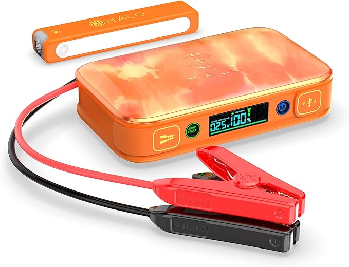 Halo Bolt PaL 1000 Portable Car Jump Starter | USB-A & USB-C Charger Ports, Digital Display, Powers Multiple Devices, Detachable Power Bank & Emergency Flashlight, Jumps Cars SUVs & Trucks — Orange
