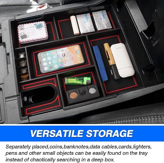 Autorder Center Console Organizer for 2014-2021 Toyota Tundra Accessories Armrest Storage Box Secondary Insert Full Tray with Red/Blue/Black Silicone Pads