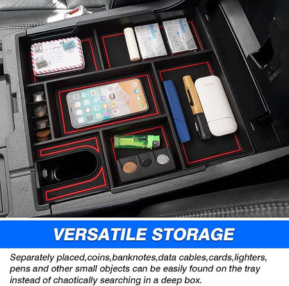 Autorder Center Console Organizer for 2014-2021 Toyota Tundra Accessories Armrest Storage Box Secondary Insert Full Tray with Red/Blue/Black Silicone Pads