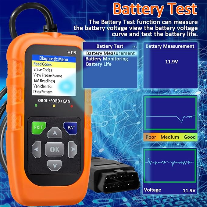 V119 OBD2 Scanner Code Reader, Check Engine Light Diagnostic Tool, Car Voltage Tester for Vehicles Since 1996