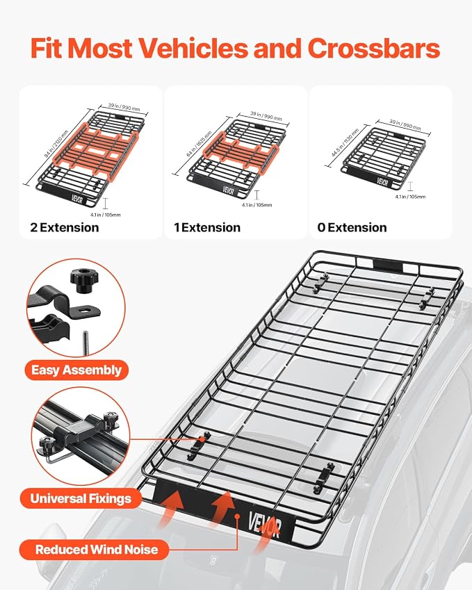 VEVOR Roof Rack Basket, 84 x 39 x 4.1 in, Universal Rooftop Cargo Carrier with 7.9 x 3.9 x 10.2 in Cargo Bag, Net, Ratchet Straps, 250 lbs Max Load Capacity Car Top Luggage Holder, for SUV Truck Car