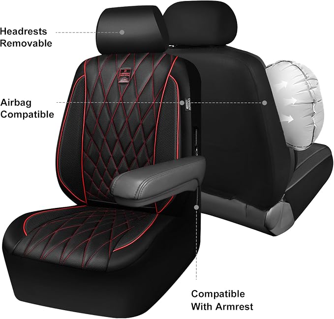 CAR PASS Piping Luxury Leather Seat Covers Full Set,5 Seats Anti-Slip Waterproof Seat Covers Compatible with Front Armrests,Universal Fit for Sendan SUV Van Truck,Airbag Compatible,Black and Red
