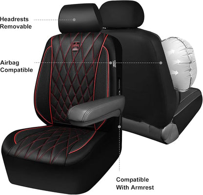 CAR PASS Piping Luxury Leather Seat Covers Full Set,5 Seats Anti-Slip Waterproof Seat Covers Compatible with Front Armrests,Universal Fit for Sendan SUV Van Truck,Airbag Compatible,Black and Red