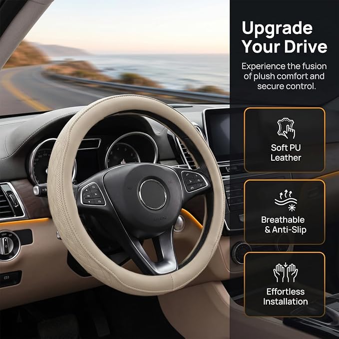 Zpana Car Steering Wheel Cover, 14.5-15" Breathable Soft Leather Vehicle Steering Wheel Protector with Anti-Slip Lining, Comfortable Auto Interior Decoration Accessories, Universal Fit (Beige)