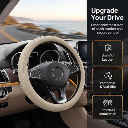 Zpana Car Steering Wheel Cover, 14.5-15" Breathable Soft Leather Vehicle Steering Wheel Protector with Anti-Slip Lining, Comfortable Auto Interior Decoration Accessories, Universal Fit (Beige)