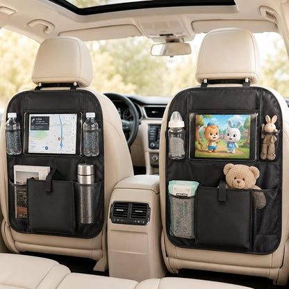 Car Backseat Organizer with 12 Storage Pockets, 12" Touch Screen Tablet Holder, Waterproof Kick Mats Seat Protector, Car Organizers and Storage for Kids, Road Trip Essentials（2 Pack，Black）