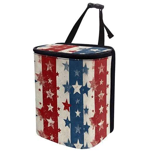Talayituse American Flag Star Print Car Trash Can Portable Auto Garbage Bin Multifunctional Vehicle Interior Accessories with Adjustable Straps 4th of July Decor Universal Fit Truck SUV Sedan
