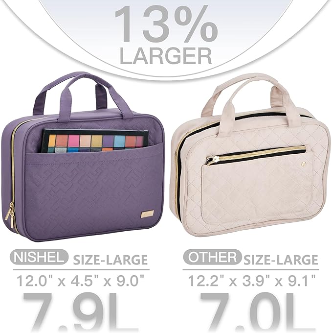NISHEL Travel Toiletry Bag for women, Portable Hanging Organizer for Full-Sized Shampoo, Conditioner, Brushes Set, Makeup Accessories, Large Size, Purple