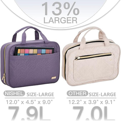 NISHEL Travel Toiletry Bag for women, Portable Hanging Organizer for Full-Sized Shampoo, Conditioner, Brushes Set, Makeup Accessories, Large Size, Purple