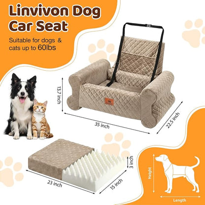 Dog Car Seat for Medium/Large Dogs up to 60 lbs, Memory Foam Dog Booster Seat with Thick Cushion, Pet Car Seat for Back with Detachable Washable Cover, Storage Pockets for SUV, Pick Up, Trunk, Khaki