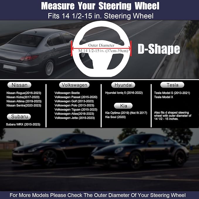 D Shaped Steering Wheel Cover, Flat Bottom Car Wheel Cover 14 1/2-15 inch (37-39 cm), Non-Folding Packaging, Microfiber Leather, Black with Carbon Fiber Pattern