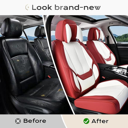 Coverado Seat Covers Full Set, 5 Seats Seat Covers for Cars, Waterproof Nappa Leather Car Seat Covers with Head Pillow, Seat Protectors Car Seat Cushion Universal Fit for Most Cars (Red&White)