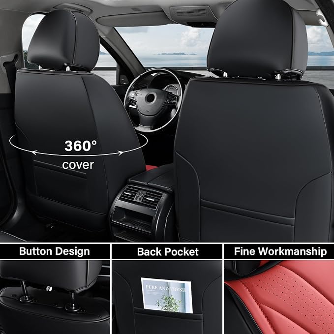 Coverado Front Seat Covers, 2 Pack Leather Seat Cover for Cars, Waterproof Seat Covers, Front Seat Car Seat Protectors, Driver Car Seat Cushions Universal Fit for Most Vehicles, Black&Red