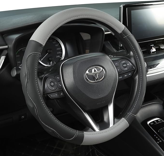 West Llama 3D Texture Steering Wheel Cover for Toyota, Anti-Slip Design, Premium Leather, Custom Fit for 14.5-15 inch, Stylish Interior Decoration(Gray+Black-Standard Size)