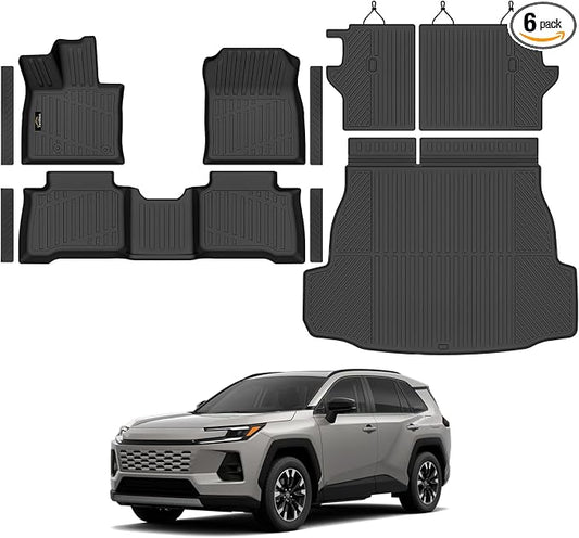 Floor Mats & Cargo Mat & Backrest Mat Custom for Toyota RAV4 Hybrid 2026 (Not for Cargo Area with Subwoofer) (Not for Phev), Door Sill Guards, All Weather TPE Floor Liners for RAV-4 2026 Accessories