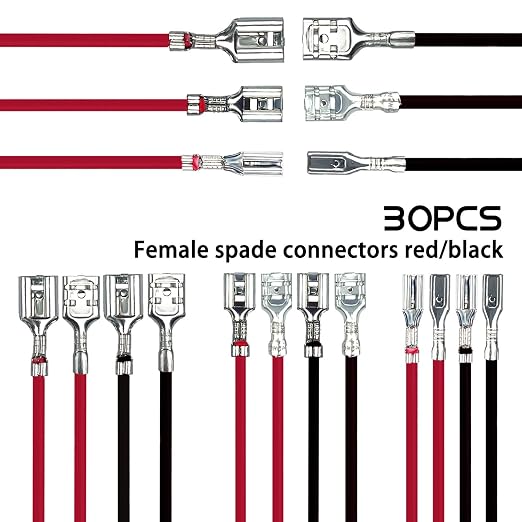 30PCS 2.8mm /4.8mm /6.3mm Female Speaker Wire Connector with Insulating Sleeves Speaker Connectors Red+Black Spade Connectors Flat Quick Splicing Kit WW001