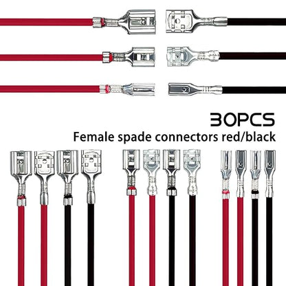 30PCS 2.8mm /4.8mm /6.3mm Female Speaker Wire Connector with Insulating Sleeves Speaker Connectors Red+Black Spade Connectors Flat Quick Splicing Kit WW001