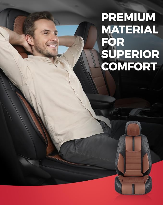 FREESOO Universal Full Seat Covers, Waterproof Faux Leather Automotive Seat Covers with Carbon Fiber Texture Seat Belt Pads, Anti-Slip Airbag Compatible Car Seat Covers for Cars SUVs Trucks