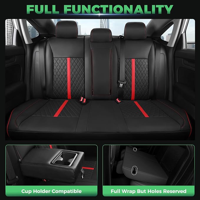 for Honda Civic Leather Seat Covers, Hatchback EX-L Sport Touring 2022-2026, Custom Fit Car Seat Cover Full Set, Waterproof Accessories, Black Red (60/40 Split Benches-with Rear Armrest)