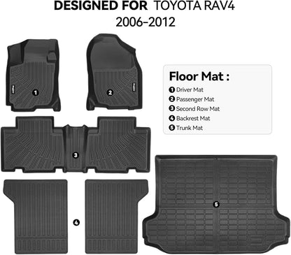 Floor Mats for Toyota RAV4 2006-2012, Trunk Mat and Backrest Mat All Weather TPE Protector for Toyota RAV4 Accessories