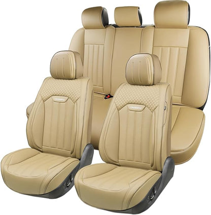 Beige Leather Seat Covers, 5 Seats Universal Car Seat Covers Full Set, Waterproof Automotive Seat Covers Breathable Front and Rear Seat Covers for Most Sedans SUVs Trucks