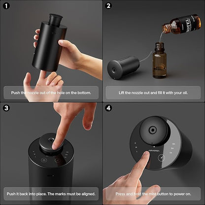 Airversa Waterless Essential Oil Diffuser Starter Kit with 4x10mL Hotel Fragrance Oils for Home Car Office, Premium Aluminum Housing, Up to 600 sq ft, Aroma Nebulizer Baterry Operated, ANX Kit-D Black