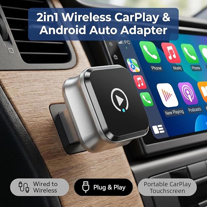 Wireless CarPlay Adapter, 2-in-1 for Android Auto, Gunmetal | Skip the phone cable after setup and use factory-wired CarPlay or Android Auto wirelessly on daily drives