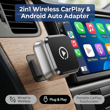 Wireless CarPlay Adapter, 2-in-1 for Android Auto, Gunmetal | Skip the phone cable after setup and use factory-wired CarPlay or Android Auto wirelessly on daily drives