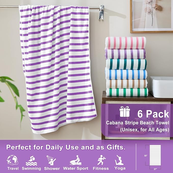 JML Microfiber Beach Towels, 6 Pack, 27" x 55", Large Bath Towel Set for Adult- Cabana Stripe - Absorbent, Quick Drying Lint-Free, No Fading for Summer Party, Pool, Sport, Yoga, Swimming, Purple