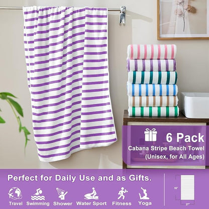 JML Microfiber Beach Towels, 6 Pack, 27" x 55", Large Bath Towel Set for Adult- Cabana Stripe - Absorbent, Quick Drying Lint-Free, No Fading for Summer Party, Pool, Sport, Yoga, Swimming, Purple