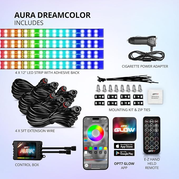 OPT7 Aura DreamColor Interior Light Strips, 4PC Double RGB-IC LED Color Chasing Kit w/APP & Remote Control, Underdash Ambient Lighting Universal for Vehicles Cars Trucks SUVs