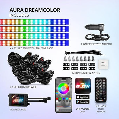 OPT7 Aura DreamColor Interior Light Strips, 4PC Double RGB-IC LED Color Chasing Kit w/APP & Remote Control, Underdash Ambient Lighting Universal for Vehicles Cars Trucks SUVs